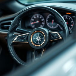 A close-up view of a modern steering wheel that seamlessly incorporates a compass at its center