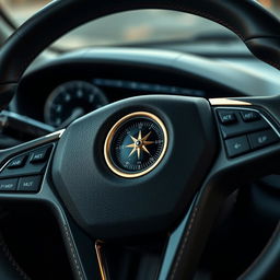 A close-up view of a modern steering wheel that seamlessly incorporates a compass at its center