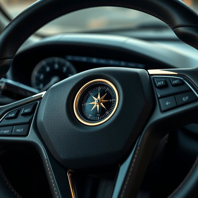 A close-up view of a modern steering wheel that seamlessly incorporates a compass at its center