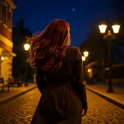 The back view of a woman with long, flowing red curls, elegantly walking down a dimly lit street at night