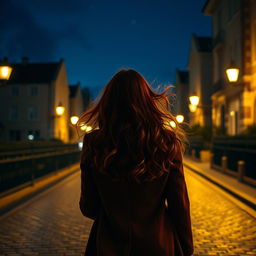 The back view of a woman with long, flowing red curls, elegantly walking down a dimly lit street at night