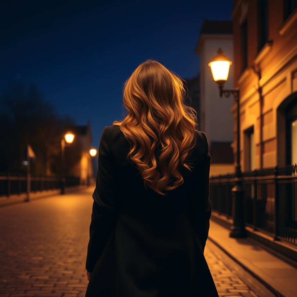 The back view of a woman with long, flowing red curls, elegantly walking down a dimly lit street at night