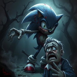 A dark and eerie scene depicting Sonic the Hedgehog as a zombie, his body in a decayed and undead state, giving off a fearsome presence
