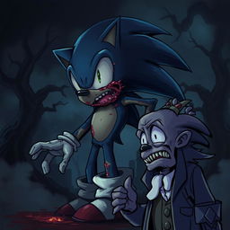 A dark and eerie scene depicting Sonic the Hedgehog as a zombie, his body in a decayed and undead state, giving off a fearsome presence
