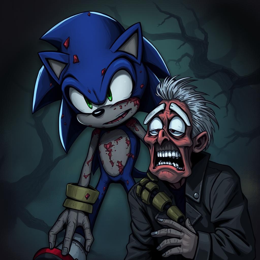 A dark and eerie scene depicting Sonic the Hedgehog as a zombie, his body in a decayed and undead state, giving off a fearsome presence