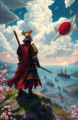A visually stunning illustration capturing the rich history of Japan, highlighting significant wars, iconic warships, and pivotal turning points