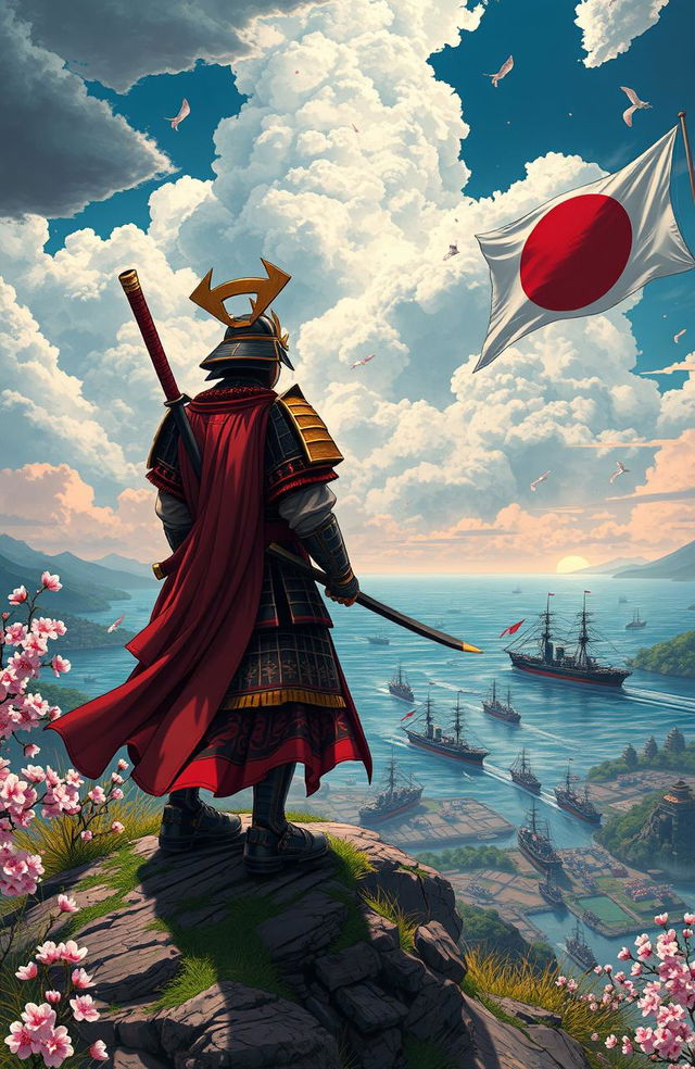 A visually stunning illustration capturing the rich history of Japan, highlighting significant wars, iconic warships, and pivotal turning points