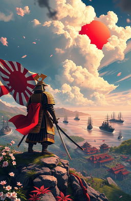 A visually stunning illustration capturing the rich history of Japan, highlighting significant wars, iconic warships, and pivotal turning points