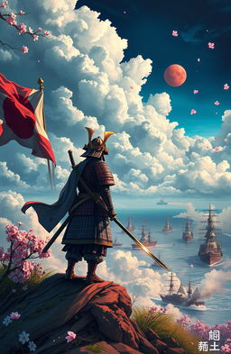 A visually stunning illustration capturing the rich history of Japan, highlighting significant wars, iconic warships, and pivotal turning points