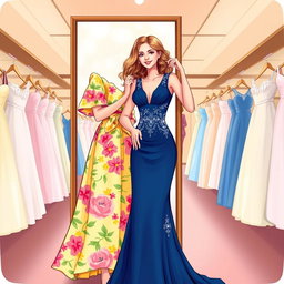 A fashion illustration of a woman effortlessly changing her dress in a stylish boutique