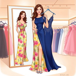 A fashion illustration of a woman effortlessly changing her dress in a stylish boutique
