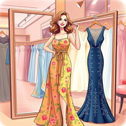 A fashion illustration of a woman effortlessly changing her dress in a stylish boutique