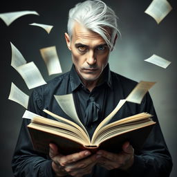 A striking portrait of a white-haired man with an unusual appearance, featuring one blue eye and one yellow eye, deeply immersed in holding an open book