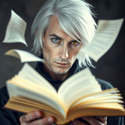 A striking portrait of a white-haired man with an unusual appearance, featuring one blue eye and one yellow eye, deeply immersed in holding an open book