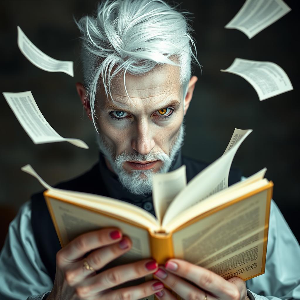 A striking portrait of a white-haired man with an unusual appearance, featuring one blue eye and one yellow eye, deeply immersed in holding an open book