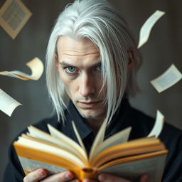 A striking portrait of a white-haired man with an unusual appearance, featuring one blue eye and one yellow eye, deeply immersed in holding an open book