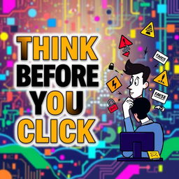 An eye-catching online poster with the message "Think Before You Click" prominently displayed in bold, modern typography