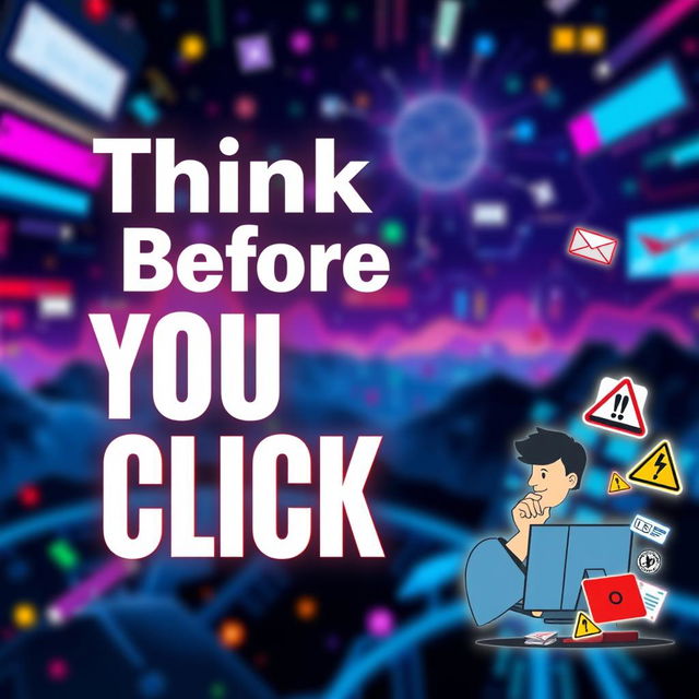An eye-catching online poster with the message "Think Before You Click" prominently displayed in bold, modern typography