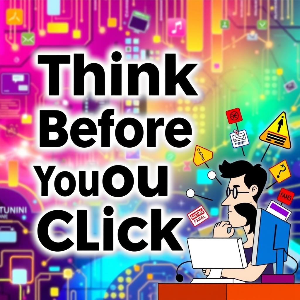 An eye-catching online poster with the message "Think Before You Click" prominently displayed in bold, modern typography