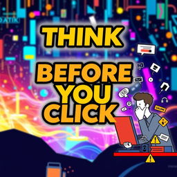 An eye-catching online poster with the message "Think Before You Click" prominently displayed in bold, modern typography