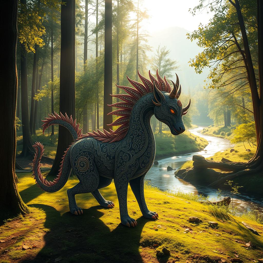 A mystical landscape featuring the magical creature 'Pha Thad Luang' in a serene forest