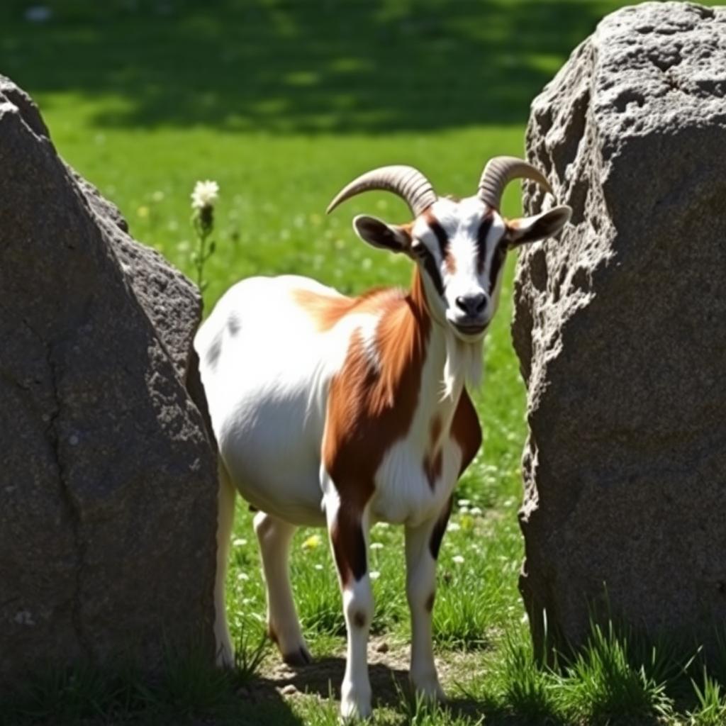 A goat standing confidently between two large, rugged stones in a serene outdoor setting