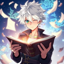 An anime-style illustration of a striking white-haired man with one blue eye and one yellow eye, captivated as he holds an open book