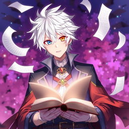 An anime-style illustration of a striking white-haired man with one blue eye and one yellow eye, captivated as he holds an open book