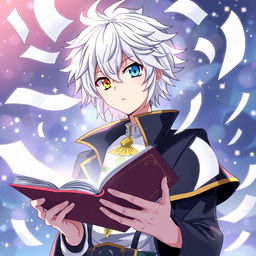 An anime-style illustration of a striking white-haired man with one blue eye and one yellow eye, captivated as he holds an open book