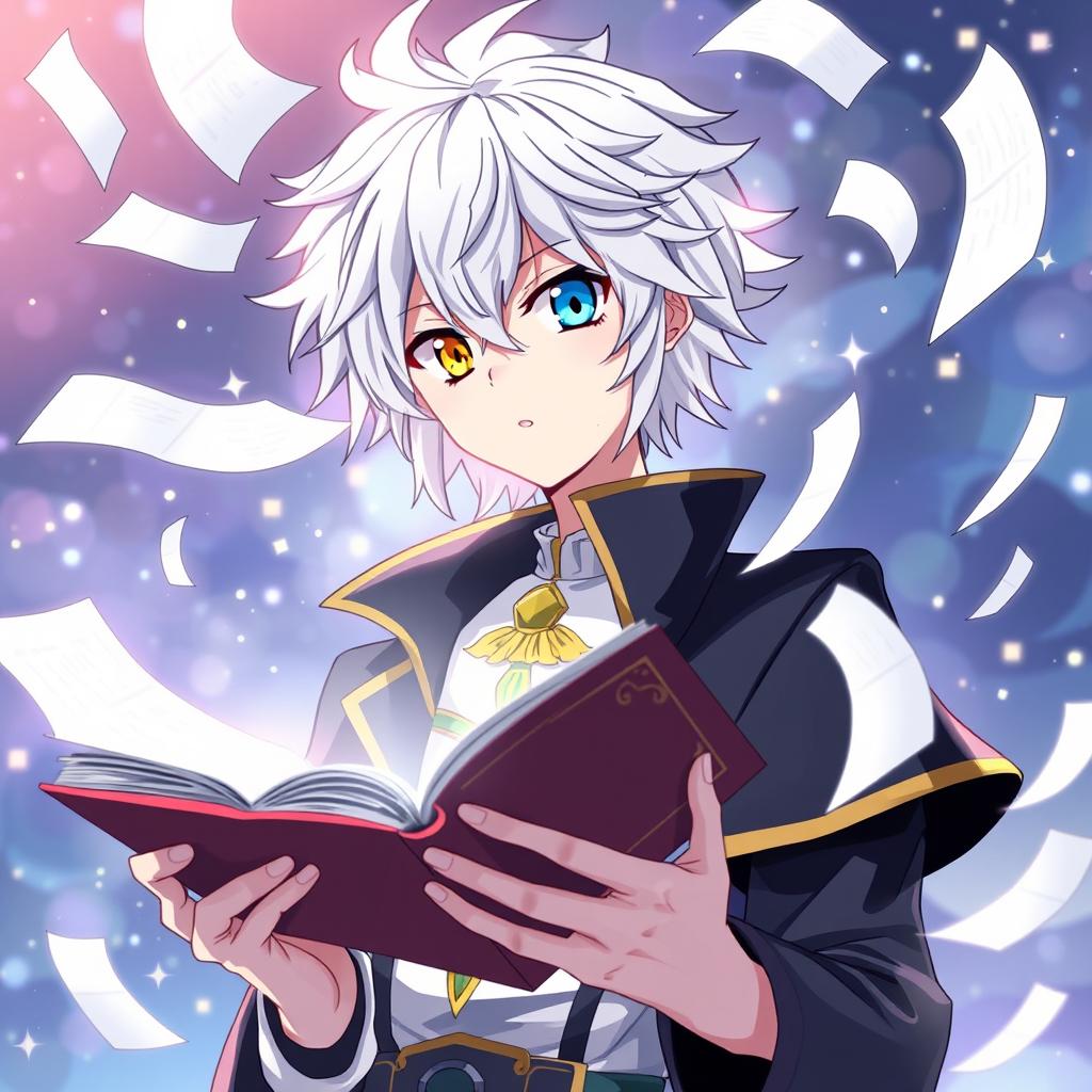 An anime-style illustration of a striking white-haired man with one blue eye and one yellow eye, captivated as he holds an open book