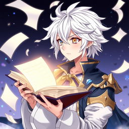 An anime-style illustration of a striking white-haired man with one blue eye and one yellow eye, captivated as he holds an open book