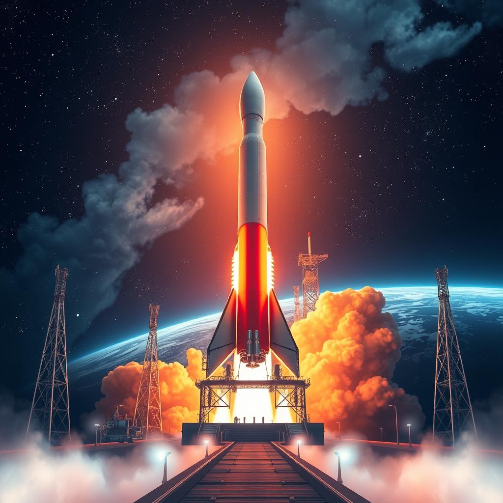 A stunning digital art poster depicting a rocket launch into space