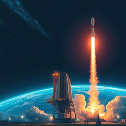 A stunning digital art poster depicting a rocket launch into space