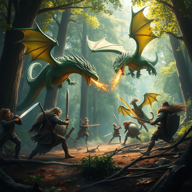 A dramatic scene depicting a fierce battle between brave adventurers and majestic dragons in a lush, enchanted forest