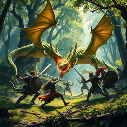 A dramatic scene depicting a fierce battle between brave adventurers and majestic dragons in a lush, enchanted forest