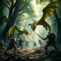 A dramatic scene depicting a fierce battle between brave adventurers and majestic dragons in a lush, enchanted forest