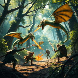 A dramatic scene depicting a fierce battle between brave adventurers and majestic dragons in a lush, enchanted forest