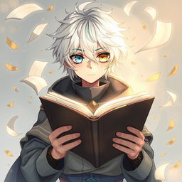 A captivating illustration of a white-haired man with striking odd eyes, one blue and one yellow, holding an open book as pages gracefully fly around him like leaves in the wind