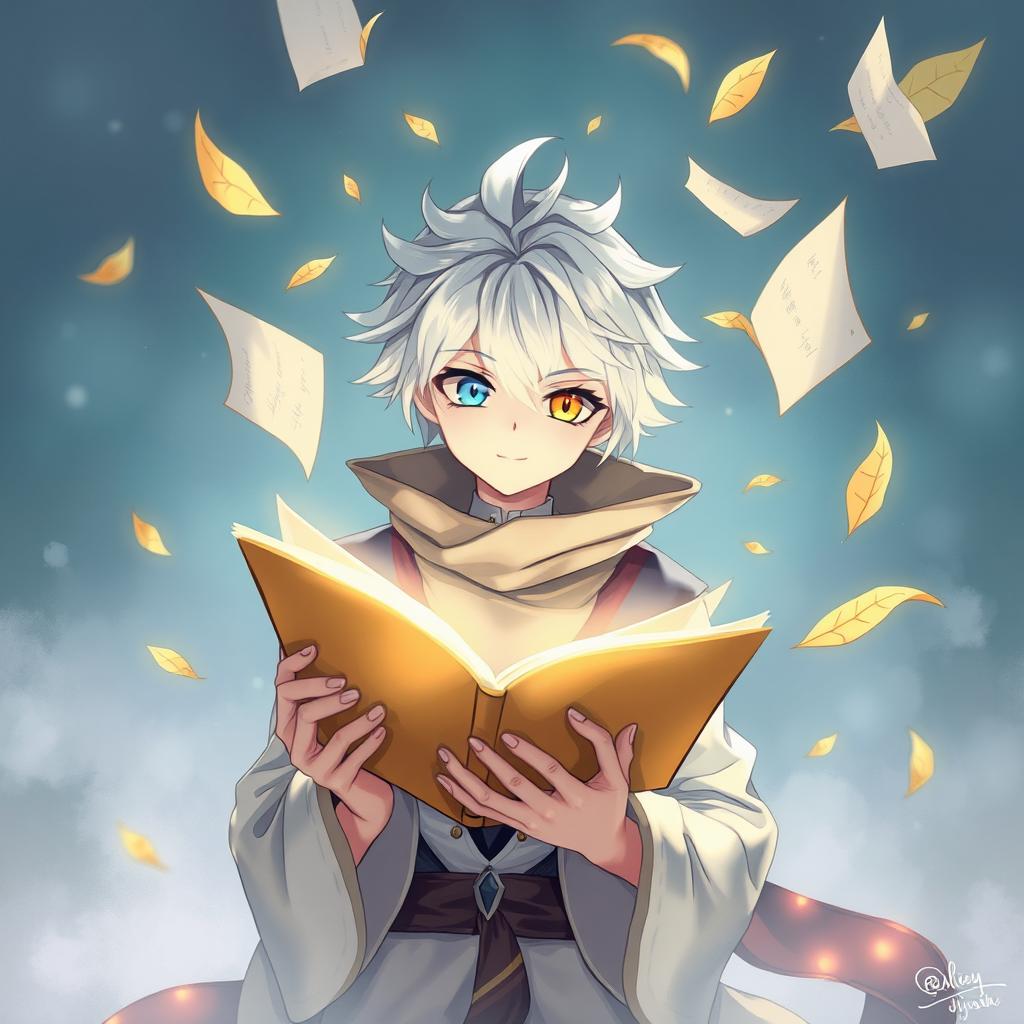 A captivating illustration of a white-haired man with striking odd eyes, one blue and one yellow, holding an open book as pages gracefully fly around him like leaves in the wind