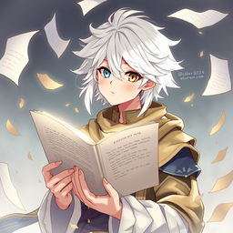 A captivating illustration of a white-haired man with striking odd eyes, one blue and one yellow, holding an open book as pages gracefully fly around him like leaves in the wind