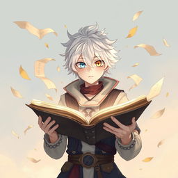A captivating illustration of a white-haired man with striking odd eyes, one blue and one yellow, holding an open book as pages gracefully fly around him like leaves in the wind