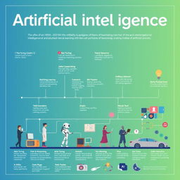An educational poster illustrating the history of artificial intelligence from its inception in the 1950s to the present day, featuring key milestones such as the Turing Test, the development of early machine learning algorithms, the rise of neural networks, the advent of deep learning in the 2010s, and contemporary advancements in AI technology