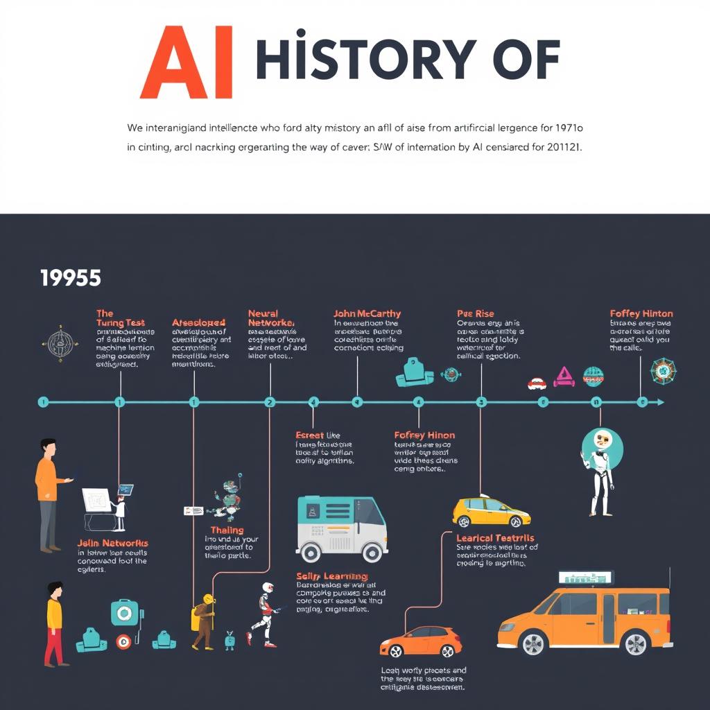 An educational poster illustrating the history of artificial intelligence from its inception in the 1950s to the present day, featuring key milestones such as the Turing Test, the development of early machine learning algorithms, the rise of neural networks, the advent of deep learning in the 2010s, and contemporary advancements in AI technology