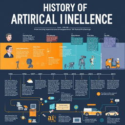 An educational poster illustrating the history of artificial intelligence from its inception in the 1950s to the present day, featuring key milestones such as the Turing Test, the development of early machine learning algorithms, the rise of neural networks, the advent of deep learning in the 2010s, and contemporary advancements in AI technology