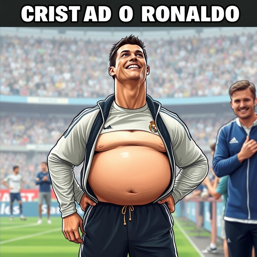 A humorous depiction of Cristiano Ronaldo looking much heavier than usual, featuring a noticeable double chin
