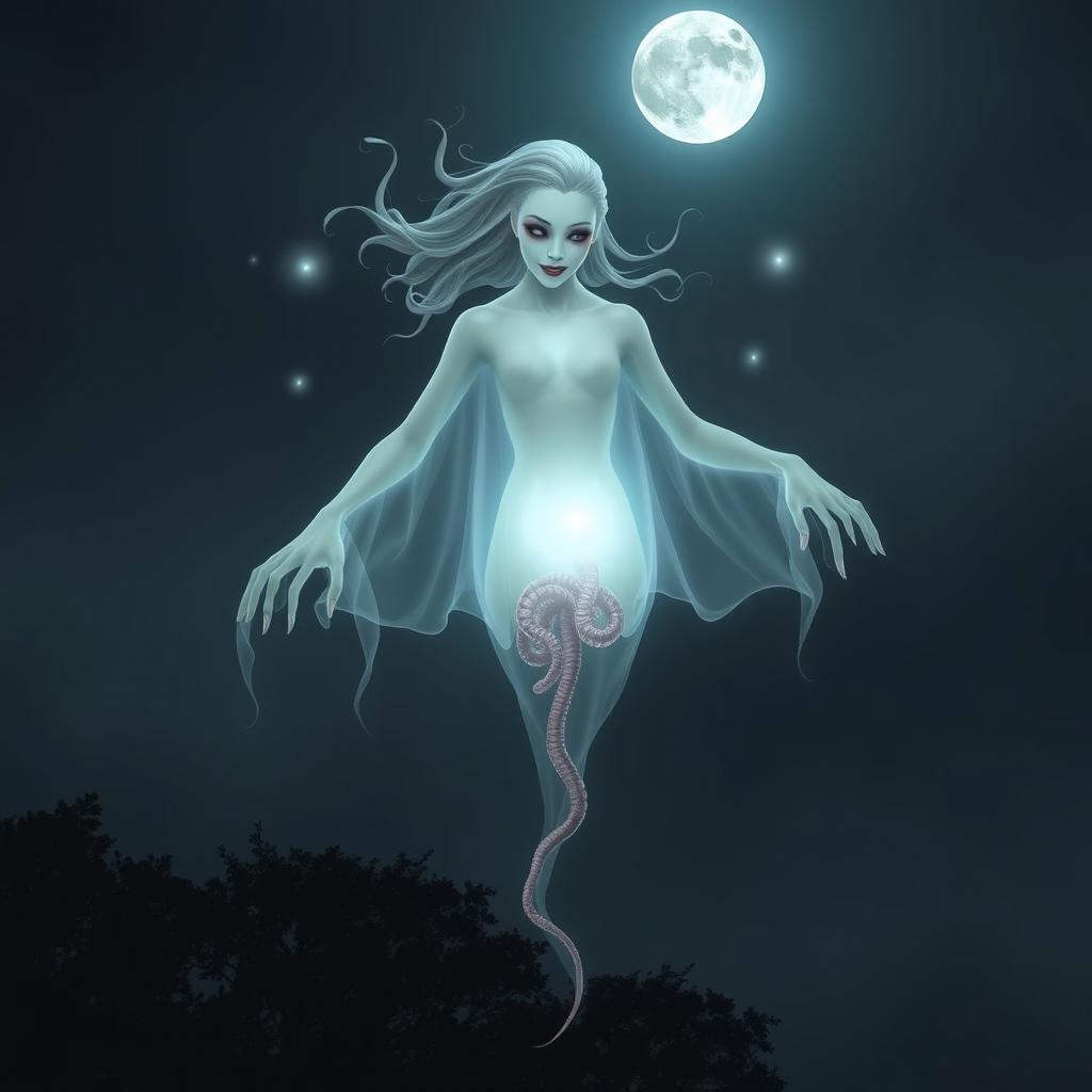 A ghostly Krasue, a traditional Thai spirit, depicted floating in the night sky