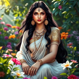 A beautiful Indian goddess Sita sitting gracefully in a lush garden