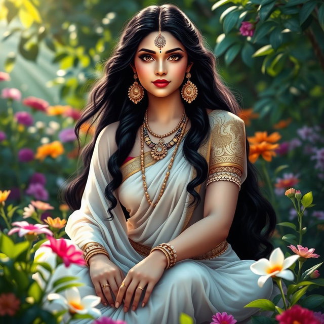 A beautiful Indian goddess Sita sitting gracefully in a lush garden