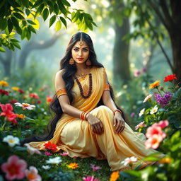 A beautiful Indian goddess Sita sitting gracefully in a lush garden