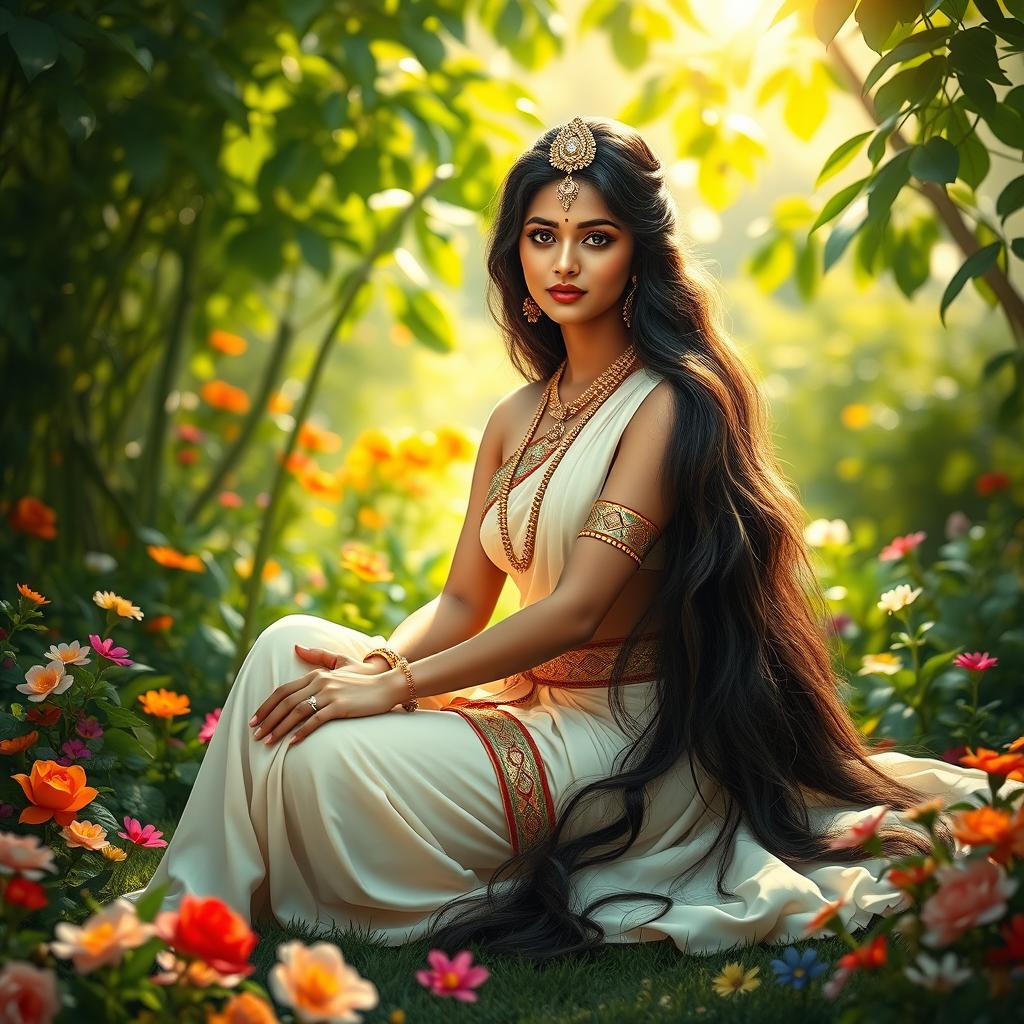 A beautiful Indian goddess Sita sitting gracefully in a lush garden
